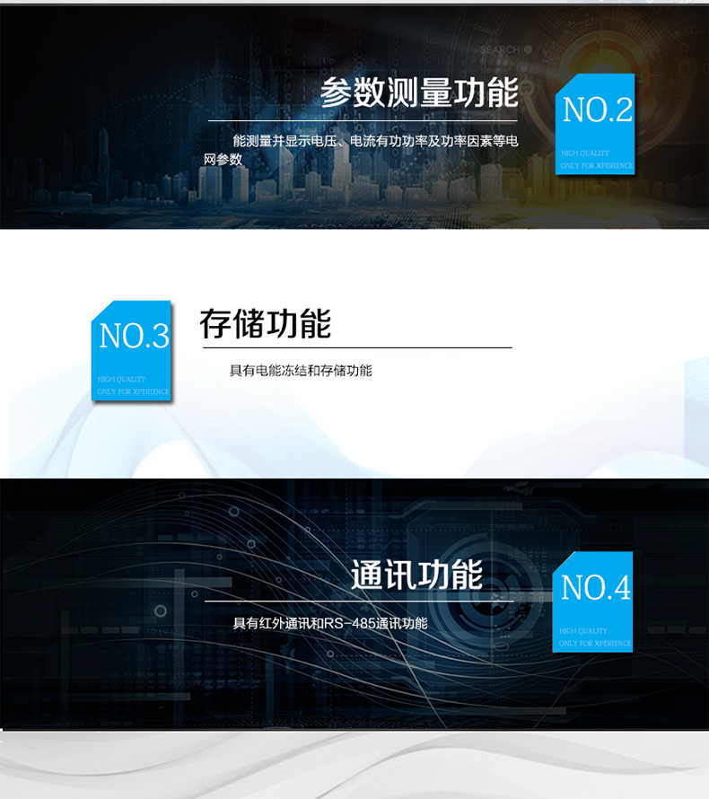 海興DTS208三相三線電能表主要功能
　　計量功能
　　具有有功電能量、無功電能量計量功能;具有計量分相有功電能量功能。
　　分時計量功能
　  支持尖、峰、平、谷四個費率;內置兩套時區表、兩套日時段表，可以按需編程配置,并可設定兩套時區表切換時間和兩套日時段表切換時間，實現相互切換;每套費率時段可設置14個時區、8個日時段表、4個費率(尖、峰、平、谷)，每個日時段表可設置14個時段，時段可以跨越零點設置;支持公休日設置，可設置254個節假日。
　　測量功能
　　能測量電壓、電流、有功功率、無功功率、視在功率以及功率因數等電網參數，并具有最大需量測量功能。測量準確度高，可以達到0.5級以內標準。
　　數據存儲功能
　　電量可存儲當前及上12個結算日的歷史數據;支持多種凍結方式，包括：日凍結、整點凍結、定時凍結、瞬時凍結、約定凍結。
　　事件記錄功能
　　分別記錄最近10次掉電、編程、校時、開表蓋、跳閘、合閘、事件清零、電表清零。
　　通信功能
　　具備1路遠紅外通訊接口、2路RS-485通訊接口，三路通訊端口互相獨立。通訊規約符合DL/T645-2007及其備案文件。
　　費控功能
　　內置繼電器可選配，支持遠程拉合閘控制功能，對用戶進行遠程通斷電控制。
　　用戶交互界面
　　采用大屏幕液晶顯示，提供豐富的圖形或文字提示信息;顯示內容可通過按鍵循環查詢，顯示項目可通過通信口按需配置;提供液晶背光，方便查看。支持停電喚醒功能，能通過按鍵或非接觸方式喚醒電能表，實現屏幕顯示抄讀電量和紅外通信口抄讀電量等數據。