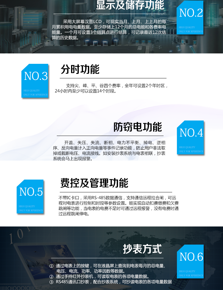 華立DDZY285-J電能表主要功能
　　電能計量功能
　　計量參數(shù)：具有正、反向組合有功電能的計量功能，組合有功電能可由正反向有功電能進(jìn)行選擇性組合。
　　測量功能：能測量電壓、電流(包含零線)，有功功率以及功率因數(shù)等電網(wǎng)參數(shù)。
　　分時功能：支持尖、峰、平、谷四個費率，全年可設(shè)置2個年時區(qū)，24小時內(nèi)至少可以設(shè)置14個時段。
　　數(shù)據(jù)存儲：至少存儲上12個月的總電能和各費率電能量。一個月可設(shè)置3個結(jié)算點進(jìn)行結(jié)算，可記錄最近12次結(jié)算的歷史數(shù)據(jù)。
　　顯示功能：采用大屏幕漢顯LCD，可現(xiàn)實當(dāng)月、上月、上上月的每月累積用電電量數(shù)據(jù)。
　　防竊電功能
　　開蓋記錄功能，記錄開表蓋總次數(shù)，防止非法更改電路。
　　反向電量計入正向電量，用戶如將電流線接反，不具有竊電作用，電表照樣正向走字
　　具有記錄編程、掉電、校時、跳閘等事件發(fā)生的時刻以及事件發(fā)生時電能表狀態(tài)，防止用戶更改電表數(shù)據(jù)。
　　具有凍結(jié)和報警功能。
　　以上情況如發(fā)出，電表會出現(xiàn)報警標(biāo)志，如安裝抄表系統(tǒng)與電表相聯(lián)，抄表系統(tǒng)會馬上出現(xiàn)報警。
　　費控功能
　　電表不帶IC卡口，采用RS-485和無線進(jìn)行數(shù)據(jù)通信，支持通信遠(yuǎn)程拉合閘。
　　費控管理功能
　　可通過遠(yuǎn)程對電能表進(jìn)行遠(yuǎn)程拉、合閘控制和時段等參數(shù)設(shè)置，進(jìn)而對用戶的用電實施遠(yuǎn)程管理。
　　能實現(xiàn)自動扣費繳費的功能和欠費跳閘等功能，當(dāng)電表的電費不足時可以通過遠(yuǎn)程報警，沒有電費時通過遠(yuǎn)程跳閘停電，操作管理十分方便。
　　抄表方式
　　通過電表上的按鍵，可在液晶屏上查詢到電表每月的總電量、電壓、電流、功率、功率因數(shù)等數(shù)據(jù)。
　　通過手持紅外抄表機(jī)，可讀取電表的各項電量數(shù)據(jù)。
　　RS485通訊口抄表，配合抄表系統(tǒng)，可抄讀電表的各項電量數(shù)據(jù)。并支持DL/T645-2007多功能電能表通訊規(guī)約。