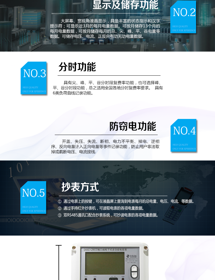 防竊電功能
①開蓋記錄功能，防止非法更改電路。 
②電壓合格率、失壓記錄功能，防止用戶非法取掉或截斷電壓接線，如已發生，可通過記錄的時間核算所損失的電量，為追補電量提供依據。
③失流、斷相記錄功能，防止用戶非法短接電流接線，如已發生，可通過記錄的時間核算所損失的電量，為追補電量提供依據。
④電流不平衡記錄：可警惕用戶在電表接線的前端截取電量。
⑤掉電記錄功能，防止用戶非法取下電表的工作電源，如已發生，可通過記錄的時間核算所損失的電量，為追補電量提供依據。
⑥反向電量計入正向電量，用戶如將電流線接反，不具有竊電作用，電表照樣正向走字。
⑦逆相序報警，用戶非法接線，電表會報警，除非把線接正確，否則一直報警。
以上情況如發出，電表會出現報警標志，如安裝抄表系統與電表相聯，抄表系統會馬上出現報警。