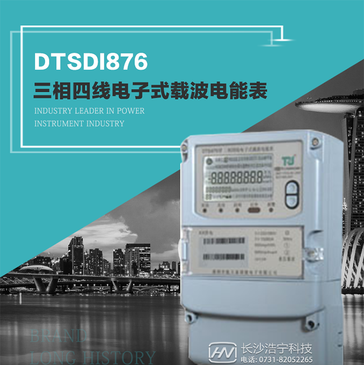 產(chǎn)品型號：DTSDI876 型三相四線電子式載波電能表
精度等級：有功1級,無功2級 
額定電壓： 3×100V 、 3×57.7/100V、 3×220/380V 
額定電流： 0.3(1.2)A～30(100)A 
頻 率： 50HZ 
工作溫度：-40℃～+70℃ 
顯示方式： 液晶 
整機(jī)功耗： 
重量： 約2.3kg 
外形尺寸： 265mm?170mm?75mm