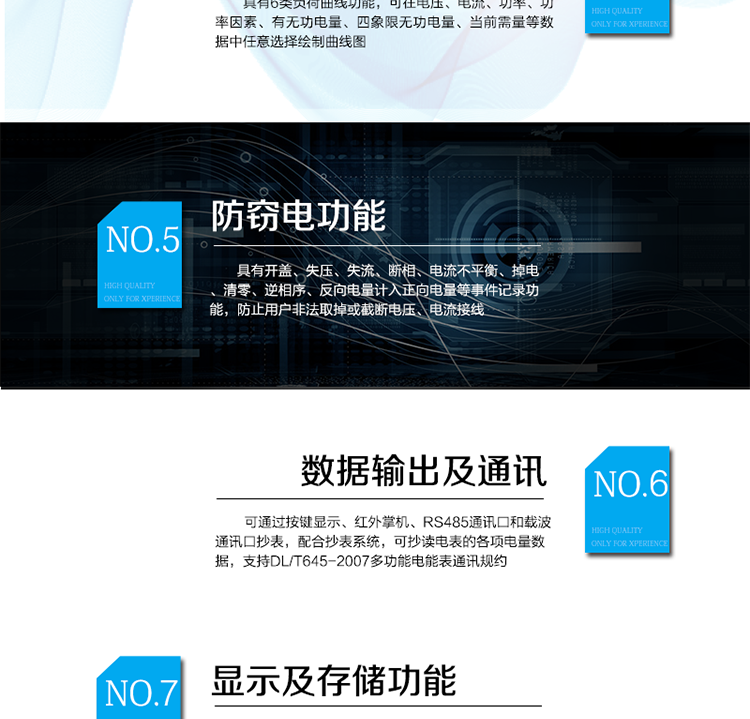 　主要功能
　　電能計量功能
　　可分時計量有功、無功、正向有功、反向有功、正向無功、反向無功電量和四象限無功等電量。
　　最大需量測量功能
　　可測量雙向有功、雙向無功和四象限無功的最大需量及其發(fā)生時間。
　　參數(shù)測量監(jiān)視功能
　　可監(jiān)測各相電壓、電流實時值，三相總及A、B、C各相有功功率、無功功率、功率因數(shù)、相角、相位等實時參數(shù)。