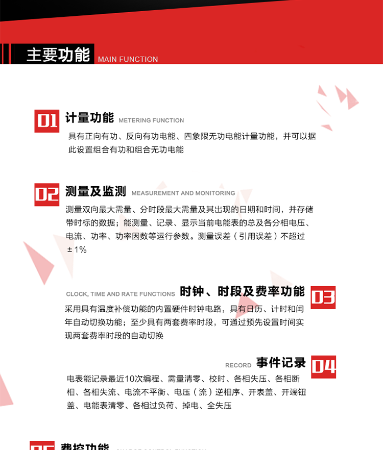 主要功能
1. 　電能計(jì)量
具有正向有功、反向有功電能、四象限無(wú)功電能計(jì)量功能，并可以據(jù)此設(shè)置組合有功和組合無(wú)功電能。
2. 　需量計(jì)量
測(cè)量雙向最大需量、分時(shí)段最大需量及其出現(xiàn)的日期和時(shí)間，并存儲(chǔ)帶時(shí)標(biāo)的數(shù)據(jù)。
3. 　測(cè)量及監(jiān)測(cè)
能測(cè)量、記錄、顯示當(dāng)前電能表的總及各分相電壓、電流、功率、功率因數(shù)等運(yùn)行參數(shù)。測(cè)量誤差（引用誤差）不超過(guò)±1%。
4. 　時(shí)鐘、時(shí)段及費(fèi)率功能
采用具有溫度補(bǔ)償功能的內(nèi)置硬件時(shí)鐘電路，具有日歷、計(jì)時(shí)和閏年自動(dòng)切換功能。內(nèi)部時(shí)鐘端子輸出頻率為1Hz。至少具有兩套費(fèi)率時(shí)段，可通過(guò)預(yù)先設(shè)置時(shí)間實(shí)現(xiàn)兩套費(fèi)率時(shí)段的自動(dòng)切換。每套費(fèi)率時(shí)段全年至少可設(shè)置2個(gè)時(shí)區(qū)，24小時(shí)內(nèi)至少可以設(shè)置8個(gè)時(shí)段，時(shí)段最小間隔為15分鐘，并且時(shí)段間隔大于表內(nèi)設(shè)定的需量周期值，時(shí)段可跨越零點(diǎn)設(shè)置。
5. 　費(fèi)控功能 
電能表費(fèi)控功能的實(shí)現(xiàn)方式通過(guò)公網(wǎng)等虛擬介質(zhì)和遠(yuǎn)程售電系統(tǒng)實(shí)現(xiàn)。
6. 　無(wú)線通信
通過(guò)無(wú)線通信與主站通信。支持在安全認(rèn)證前提下，通過(guò)無(wú)線網(wǎng)絡(luò)信道修改費(fèi)率時(shí)段表及電價(jià)。
7. 　事件記錄
電表能記錄最近10次編程、需量清零、校時(shí)、各相失壓、各相斷相、各相失流、電流不平衡、電壓（流）逆相序、開表蓋、開端鈕蓋、電能表清零、各相過(guò)負(fù)荷、掉電、全失壓。
8. 　凍結(jié)
具有定時(shí)凍結(jié)、瞬時(shí)凍結(jié)、約定凍結(jié)和日凍結(jié)功能。
9.　 負(fù)荷記錄
記錄正反向有功總電能、無(wú)功總電能、四象限無(wú)功總電能、組合有功、組合無(wú)功1、組合無(wú)功2，負(fù)荷記錄間隔時(shí)間可以在1～60min范圍內(nèi)設(shè)置，時(shí)間間隔為1min的情況下可記錄不少于40天的數(shù)據(jù)容量。
10. 　停電抄表
在停電狀態(tài)下，能通過(guò)按鍵或非接觸方式喚醒電能表，抄讀電能量等數(shù)據(jù)。
11. 擴(kuò)展功能
計(jì)量視在電能、諧波電壓、電流、電量的監(jiān)測(cè)、電能質(zhì)量監(jiān)測(cè)和計(jì)算鐵損、銅損。 