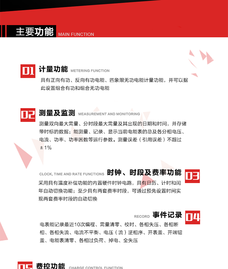 主要功能
1. 　電能計量
具有正向有功、反向有功電能、四象限無功電能計量功能，并可以據(jù)此設(shè)置組合有功和組合無功電能。
2. 　需量計量
測量雙向最大需量、分時段最大需量及其出現(xiàn)的日期和時間，并存儲帶時標的數(shù)據(jù)。
3. 　測量及監(jiān)測
能測量、記錄、顯示當前電能表的總及各分相電壓、電流、功率、功率因數(shù)等運行參數(shù)。測量誤差（引用誤差）不超過±1%。
4. 　時鐘、時段及費率功能
采用具有溫度補償功能的內(nèi)置硬件時鐘電路，具有日歷、計時和閏年自動切換功能。內(nèi)部時鐘端子輸出頻率為1Hz。至少具有兩套費率時段，可通過預先設(shè)置時間實現(xiàn)兩套費率時段的自動切換。每套費率時段全年至少可設(shè)置2個時區(qū)，24小時內(nèi)至少可以設(shè)置8個時段，時段最小間隔為15分鐘，并且時段間隔大于表內(nèi)設(shè)定的需量周期值，時段可跨越零點設(shè)置。
5. 　費控功能 
電能表費控功能的實現(xiàn)方式通過公網(wǎng)等虛擬介質(zhì)和遠程售電系統(tǒng)實現(xiàn)。
6. 　無線通信
通過無線通信與主站通信。支持在安全認證前提下，通過無線網(wǎng)絡(luò)信道修改費率時段表及電價。
7. 　事件記錄
電表能記錄最近10次編程、需量清零、校時、各相失壓、各相斷相、各相失流、電流不平衡、電壓（流）逆相序、開表蓋、開端鈕蓋、電能表清零、各相過負荷、掉電、全失壓。
8. 　凍結(jié)
具有定時凍結(jié)、瞬時凍結(jié)、約定凍結(jié)和日凍結(jié)功能。
9.　 負荷記錄
記錄正反向有功總電能、無功總電能、四象限無功總電能、組合有功、組合無功1、組合無功2，負荷記錄間隔時間可以在1～60min范圍內(nèi)設(shè)置，時間間隔為1min的情況下可記錄不少于40天的數(shù)據(jù)容量。
10. 　停電抄表
在停電狀態(tài)下，能通過按鍵或非接觸方式喚醒電能表，抄讀電能量等數(shù)據(jù)。
11. 擴展功能
計量視在電能、諧波電壓、電流、電量的監(jiān)測、電能質(zhì)量監(jiān)測和計算鐵損、銅損。 