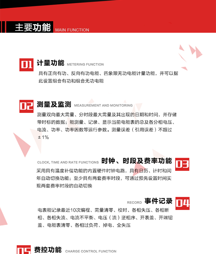 主要功能
1. 　電能計(jì)量
具有正向有功、反向有功電能、四象限無功電能計(jì)量功能，并可以據(jù)此設(shè)置組合有功和組合無功電能。
2. 　需量計(jì)量
測(cè)量雙向最大需量、分時(shí)段最大需量及其出現(xiàn)的日期和時(shí)間，并存儲(chǔ)帶時(shí)標(biāo)的數(shù)據(jù)。
3. 　測(cè)量及監(jiān)測(cè)
能測(cè)量、記錄、顯示當(dāng)前電能表的總及各分相電壓、電流、功率、功率因數(shù)等運(yùn)行參數(shù)。測(cè)量誤差（引用誤差）不超過±1%。
4. 　時(shí)鐘、時(shí)段及費(fèi)率功能
采用具有溫度補(bǔ)償功能的內(nèi)置硬件時(shí)鐘電路，具有日歷、計(jì)時(shí)和閏年自動(dòng)切換功能。內(nèi)部時(shí)鐘端子輸出頻率為1Hz。至少具有兩套費(fèi)率時(shí)段，可通過預(yù)先設(shè)置時(shí)間實(shí)現(xiàn)兩套費(fèi)率時(shí)段的自動(dòng)切換。每套費(fèi)率時(shí)段全年至少可設(shè)置2個(gè)時(shí)區(qū)，24小時(shí)內(nèi)至少可以設(shè)置8個(gè)時(shí)段，時(shí)段最小間隔為15分鐘，并且時(shí)段間隔大于表內(nèi)設(shè)定的需量周期值，時(shí)段可跨越零點(diǎn)設(shè)置。
5. 　費(fèi)控功能 
電能表費(fèi)控功能的實(shí)現(xiàn)方式通過公網(wǎng)等虛擬介質(zhì)和遠(yuǎn)程售電系統(tǒng)實(shí)現(xiàn)。
6. 　 載波通信
在載波集中器和主站系統(tǒng)的配合下，可通過載波，按設(shè)定的采集方案定時(shí)數(shù)據(jù)采集，并可實(shí)時(shí)監(jiān)測(cè)電表運(yùn)行狀態(tài)。
7. 　事件記錄
電表能記錄最近10次編程、需量清零、校時(shí)、各相失壓、各相斷相、各相失流、電流不平衡、電壓（流）逆相序、開表蓋、開端鈕蓋、電能表清零、各相過負(fù)荷、掉電、全失壓。
8. 　凍結(jié)
具有定時(shí)凍結(jié)、瞬時(shí)凍結(jié)、約定凍結(jié)和日凍結(jié)功能。
9.　 負(fù)荷記錄
記錄正反向有功總電能、無功總電能、四象限無功總電能、組合有功、組合無功1、組合無功2，負(fù)荷記錄間隔時(shí)間可以在1～60min范圍內(nèi)設(shè)置，時(shí)間間隔為1min的情況下可記錄不少于40天的數(shù)據(jù)容量。
10. 　停電抄表
在停電狀態(tài)下，能通過按鍵或非接觸方式喚醒電能表，抄讀電能量等數(shù)據(jù)。
11. 擴(kuò)展功能
計(jì)量視在電能、諧波電壓、電流、電量的監(jiān)測(cè)、電能質(zhì)量監(jiān)測(cè)和計(jì)算鐵損、銅損。 