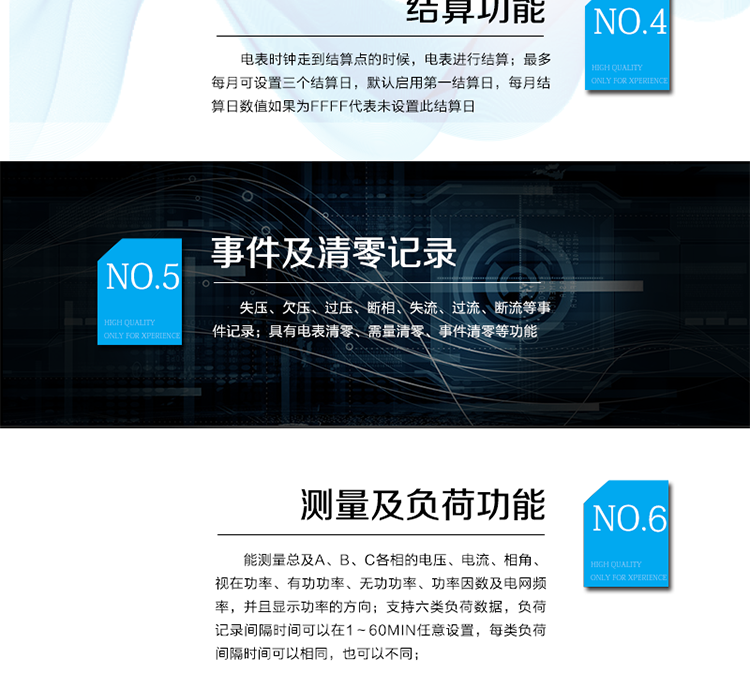 2.3需量計量
 能夠計量正、反向有功，正、反向視在，1、2、3、4象限無功，組合無功1、2的最大需量和發生時間。
 需量周期和滑差時間可在1～60min分鐘范圍內設置，但應該滿足：需量周期大于滑差時間且為其的整數倍，需量周期可在5、10、15、30、60min中選擇；滑差式需量周期的滑差時間可以在1、2、3、5min中選擇。需量周期應為滑差時間的5的整倍數，且該倍數小于等于15。
 當發生電壓線路上電、時段轉換、清零、時鐘調整、需量周期改變、功率潮流方向轉換等情況時，電能表從當前時刻開始，按照需量周期進行需量測量，當第一個需量周期完成后，按滑差間隔開始最大需量記錄。其中，發生時段轉換時，總需量繼續按滑差測量，分時需量按需量周期重新開始測量。
 在一個不完整的需量周期內或修改需量周期時，不做最大需量的記錄。
 能存儲12個結算日最大需量數據。
 需量顯示小數位數出廠缺省為4位小數。
2.4結算功能
 本表除給出有、無功當前總及分時電量、最大需量及其發生時間外，還存儲了上1到上12個結算周期的歷史數據（包含組合有功、正反向有功、組合無功1和組合無功2、四象限無功、各元件有功、無功總電量以及分時電量；正反向有功、組合無功1和組合無功2、四象限無功的最大需量及其出現時間。）。當電表時鐘走到結算點的時候，電表進行結算。電能表結算時，先把當前的電量、最大需量及其發生時間存入上一結算日，再把當前的最大需量及其發生時間清零，計算需量的累加單元清零，需量重新開始計算。
 如果電表掉電跨過結算點時，上電后電表不補結算。
 最多每月可設置三個結算日，默認啟用第一結算日，每月結算日數值如果為FFFF代表未設置此結算日。
 需量結算是只在每月第一結算日結算一次，如果起用了其它結算日，在該結算點結算時，則對應的這個結算日需量數據補FF。
 電壓合格率只在第一結算日進行結算，在啟用其它結算日進行結算時，電壓合格率都不進行結算。