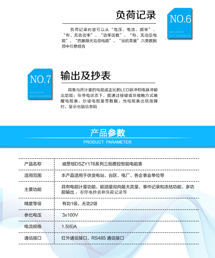 主要功能
計量功能
具有正、反向有功電能、四象限無功電能計量功能；具有分時計量功能；具有計量分相有功電能量功能；能存儲12個結算日電量數據。
測量及監測
能測量雙向最大需量、分時段最大需量及其出現的日期和時間；
能測量當前電能表的電壓、電流、功率、功率因數等運行參數。
事件記錄
記錄最近10次編程、需量清零、校時、各相失壓、各相斷相、各相失流、各相過負荷、電流不平衡、電壓（流）逆相序、開表蓋、開端鈕蓋、全失壓、掉電、遠程控制拉閘、遠程控制合閘等事件。
顯示功能
高對比度、寬視角、帶背光的LCD（數值顯示位數8）。
報警功能
當電能表出現故障時，顯示出錯信息碼。
凍結功能
支持定時凍結、瞬時凍結、約定凍結、日凍結、整點凍結等。
計時功能
采用具有溫度補償功能的內置硬件時鐘電路，具有日歷、計時、閏年自動轉換功能。
脈沖輸出
具備與所計量的電能成正比的LED脈沖和電脈沖輸出功能。
負荷記錄
負荷記錄內容可以從“電壓、電流、頻率”、“有、無功功率”、“功率因數”、“有、無功總電能”、“四象限無功總電能”、“當前需量”六類數據項中任意組合。
停電抄表
在停電狀態下，能通過按鍵或非接觸方式喚醒電能表，抄讀電能量等數據。
費控功能
通過RS485和遠程售電系統實現費控功能。通過嚴格的密碼驗證或ESAM模塊等安全認證，確保數據傳輸安全可靠。