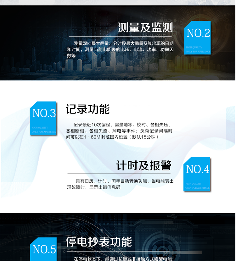 產(chǎn)品特點
采用專利技術(shù)開關(guān)電源供電，寬電壓工作范圍
采用獨有的抗浪涌措施，防雷性能強
功耗低，整機功耗<=1W、2VA，溫升低，整機壽命長
抗過壓能力強，避免接錯線或弄錯電壓等級而損壞電表，且能支持高過載倍數(shù)
板間無接插件，連接可靠；主機經(jīng)過三防處理，能適應復雜氣候，提高了整機壽命和平均無故障工作時間
采用雙物理器件存儲參數(shù)、計費電能數(shù)據(jù)；每個物理器件內(nèi)數(shù)據(jù)保存三份，確保在強干擾環(huán)境中參數(shù)和計費數(shù)據(jù)完整、可靠
接口功能豐富：可提供雙路RS485接口，雙路負荷報警接口，四路電能脈沖輸出，一路時鐘脈沖輸出，停電抄表輸入
豐富的軟件模塊，功能擴展方便，可擴展電壓及功率因數(shù)合格率等電能質(zhì)量數(shù)據(jù)、可存儲半年以上的大容量負荷曲線數(shù)據(jù)等
采用模塊化設計，GPRS/CDMA模塊與計量模塊獨立，安裝方便，可后期擴充
采用業(yè)內(nèi)先進的GPRS/CDMA模塊，可快速安全的實現(xiàn)數(shù)據(jù)連接，永久在線
可以當?shù)?遠方修改參數(shù)，并且支持當?shù)?遠方軟件在線升級
支持GPRS、CSD、SMS、CDMA等通訊方式，并支持VPN虛擬專網(wǎng)及公網(wǎng)等多種組網(wǎng)模式
采用超級電容和鋰電池兩種停電后備方式，保證停電報警功能可靠
綜合防竊電功能：
    硬件方面：采用防竊電外殼，并有相應的施封點，用電戶在不破壞鉛封的前提下，無法改動電壓電流線，也無法對編程按鍵操作來改動電表參數(shù)
    軟件方面：三級密碼防護
在線實時監(jiān)測，并通過用電異常信息的記錄及主動上傳（通過GPRS/CDMA網(wǎng)絡上傳失壓、斷相、掉電/上電、過壓等異常事件）進行防竊電報警
電表自檢信息記錄及上報（硬件故障、時鐘故障、電池電壓低等）