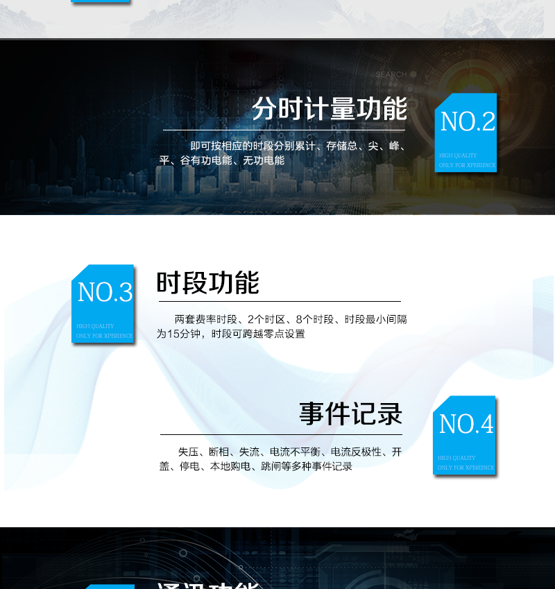 主要功能特點
　　A.正向有功、反向有功電能、四象限無功電能計量功能，并可以據此設置組合有功和組合無功電能。
　　B.分時計量功能，即可按相應的時段分別累計、存儲總、尖、峰、平、谷有功電能、無功電能;
　　C.兩套費率時段、2個時區、8個時段、時段最小間隔為15分鐘，時段可跨越零點設置;
　　D.失壓、斷相、失流、電流不平衡、電流反極性、開蓋、停電、本地購電、跳閘等多種事件記錄;
　　E.內置(或外置)繼電器，先付費后用電，欠費本地自動跳閘;
　　F.遠程通訊，可通過SMS、GPRS、Etheme等多種方式與后臺系統實現數據交互，支持TCP、UDP協議;
　　G.遠程抄表，能抄錄外接電表正、反向有功電量、四象限無功、電壓、電流等瞬時量數據，支持實時抄表、定時任務抄表、主站輪召同時支持多種電表通訊規約;